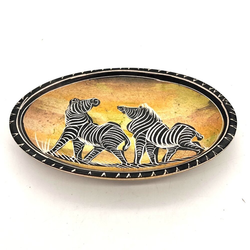 Zebra Oval Trinket Dish Hand Carved Painted Wood Africa Safari Theme Home Decor - Picture 2 of 7